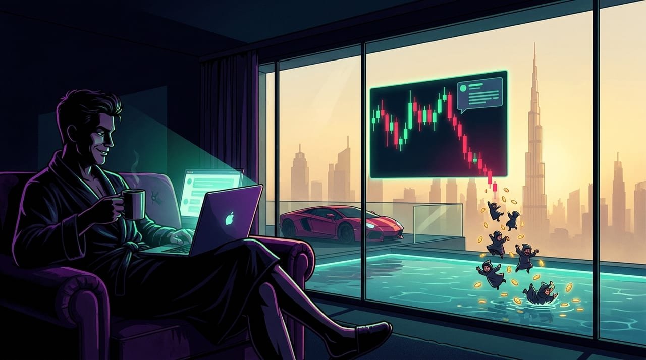Satirical illustration: a Telegram call channel owner in a Dubai penthouse dumping tokens on his followers