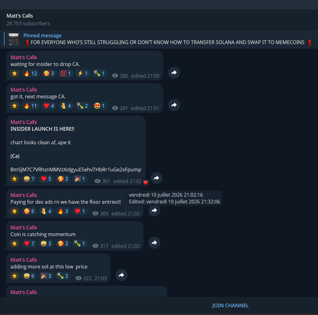 A Telegram call channel, Matt's Calls, 28,753 subscribers, running a staged countdown into an insider-launch post with a pump.fun contract address